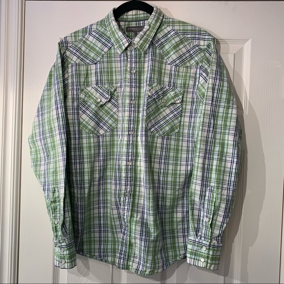 Fossil Brand men's long sleeve button down casual shirt Green Blue White Plaid L - Picture 1 of 10